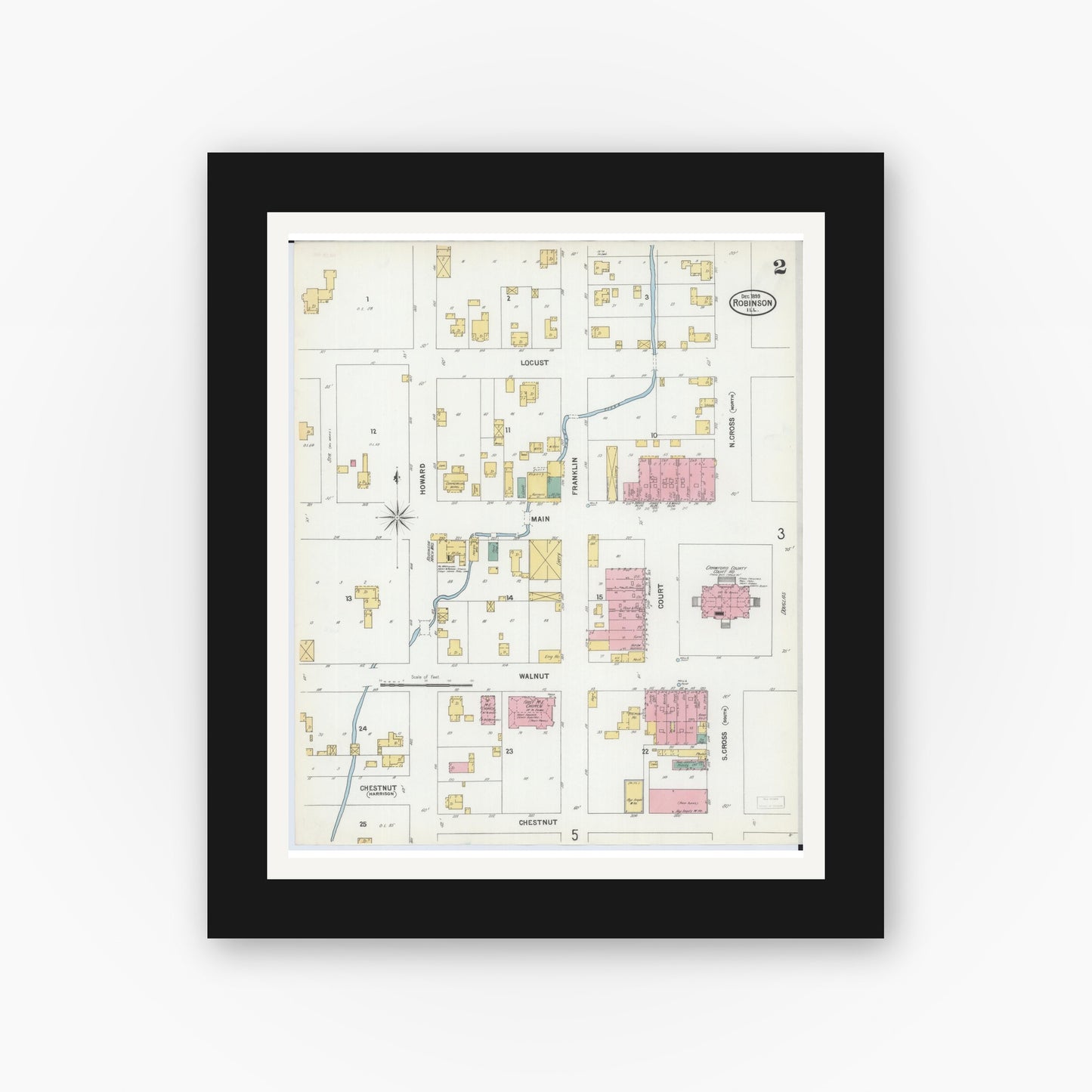 Old map wall art mockup — black gallery frame with white mat — Sanborn Fire Insurance Map from Robinson, Crawford County, Illinois (1899), Sheet #0002