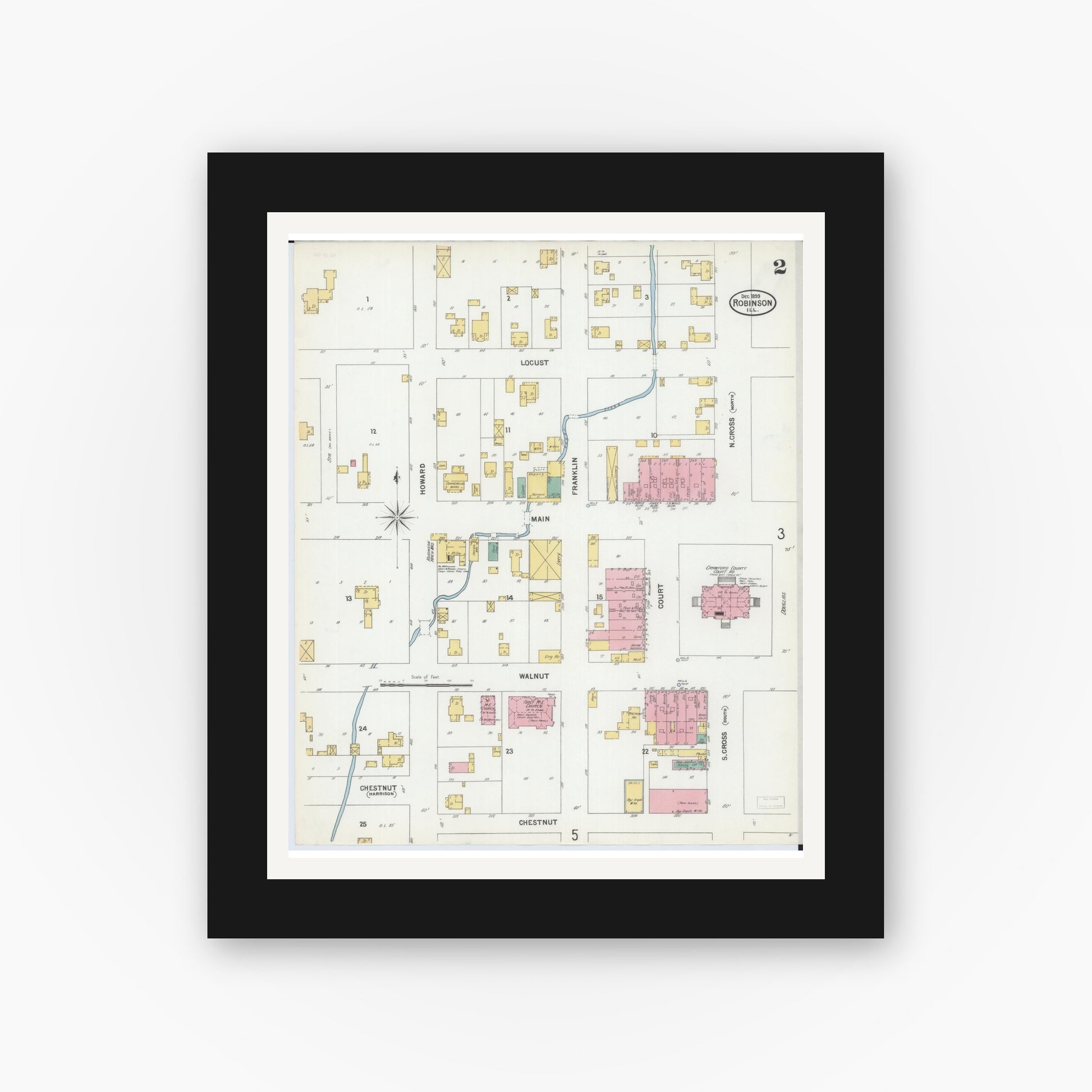 Old map wall art mockup — black gallery frame with white mat — Sanborn Fire Insurance Map from Robinson, Crawford County, Illinois (1899), Sheet #0002