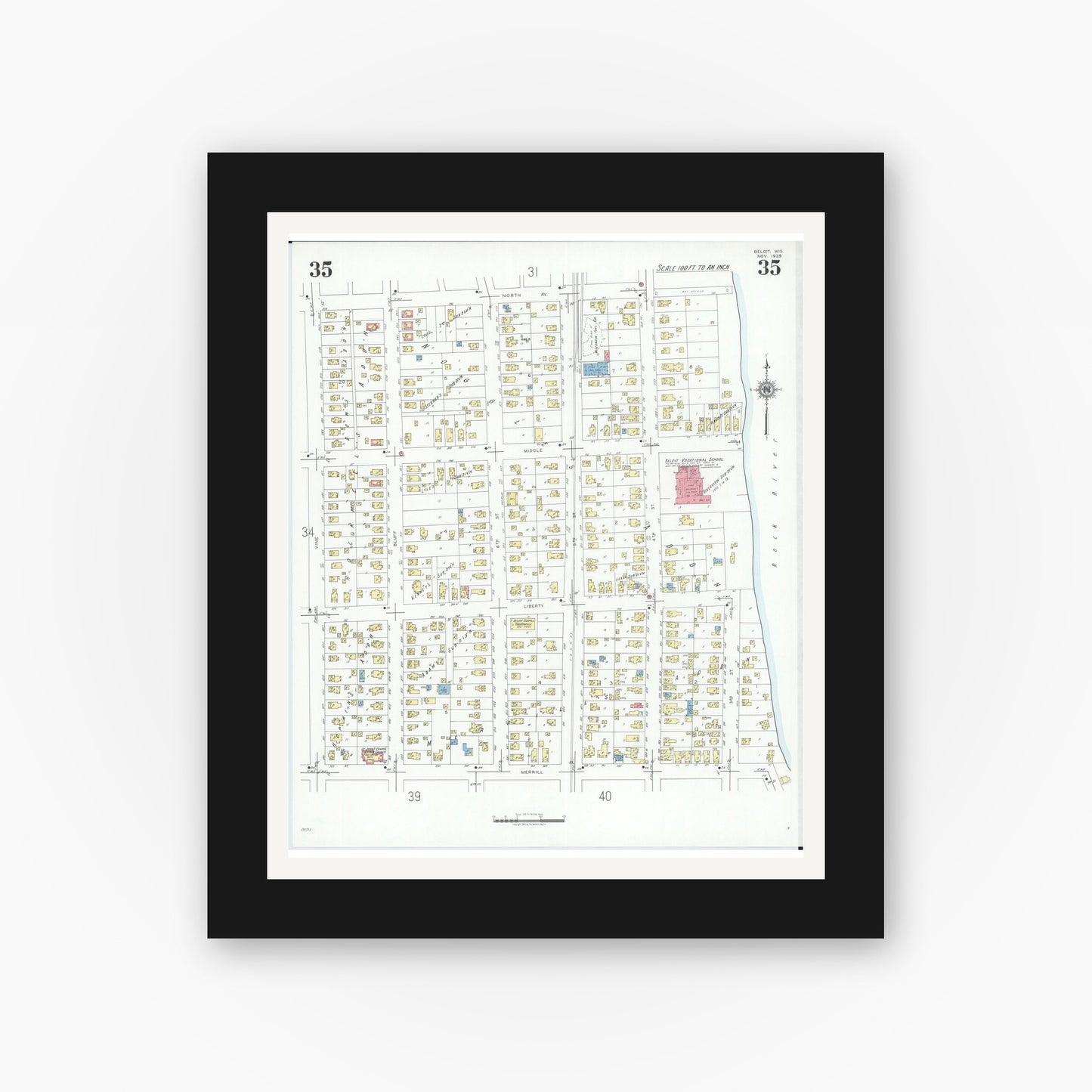 Old map wall art mockup — black gallery frame with white mat — Sanborn Fire Insurance Map from Beloit, Rock County, Wisconsin (1939), Sheet #0035