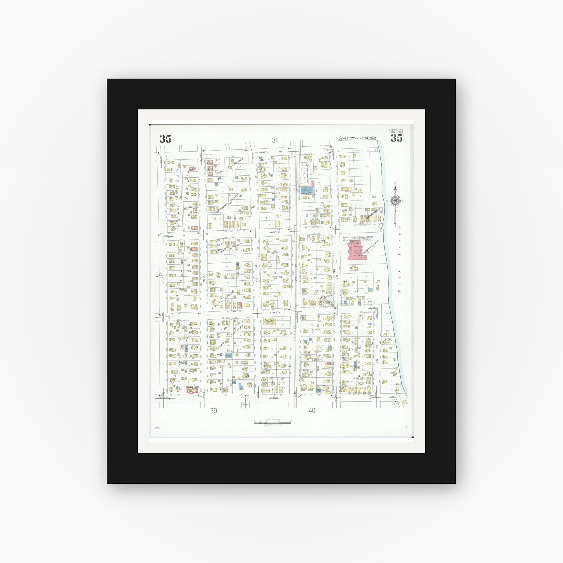 Old map wall art mockup — black gallery frame with white mat — Sanborn Fire Insurance Map from Beloit, Rock County, Wisconsin (1939), Sheet #0035