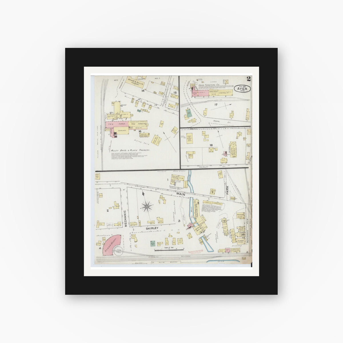 Old map wall art mockup — black gallery frame with white mat — Sanborn Fire Insurance Map from Ayer, Middlesex County, Massachusetts (1887), Sheet #0002
