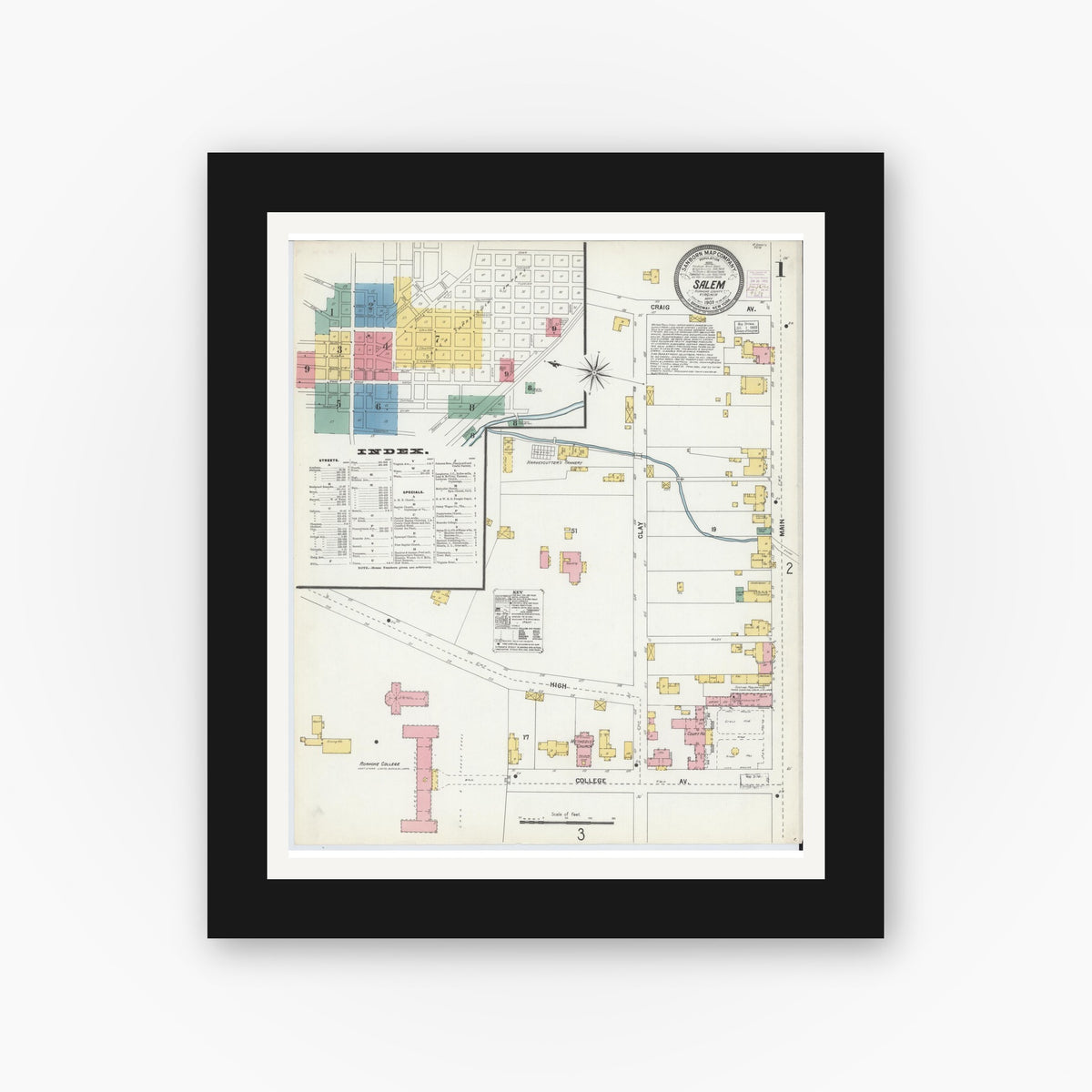 Old map wall art mockup — black gallery frame with white mat — Sanborn Fire Insurance Map from Salem, Independent Cities, Virginia (1903), Sheet #0001