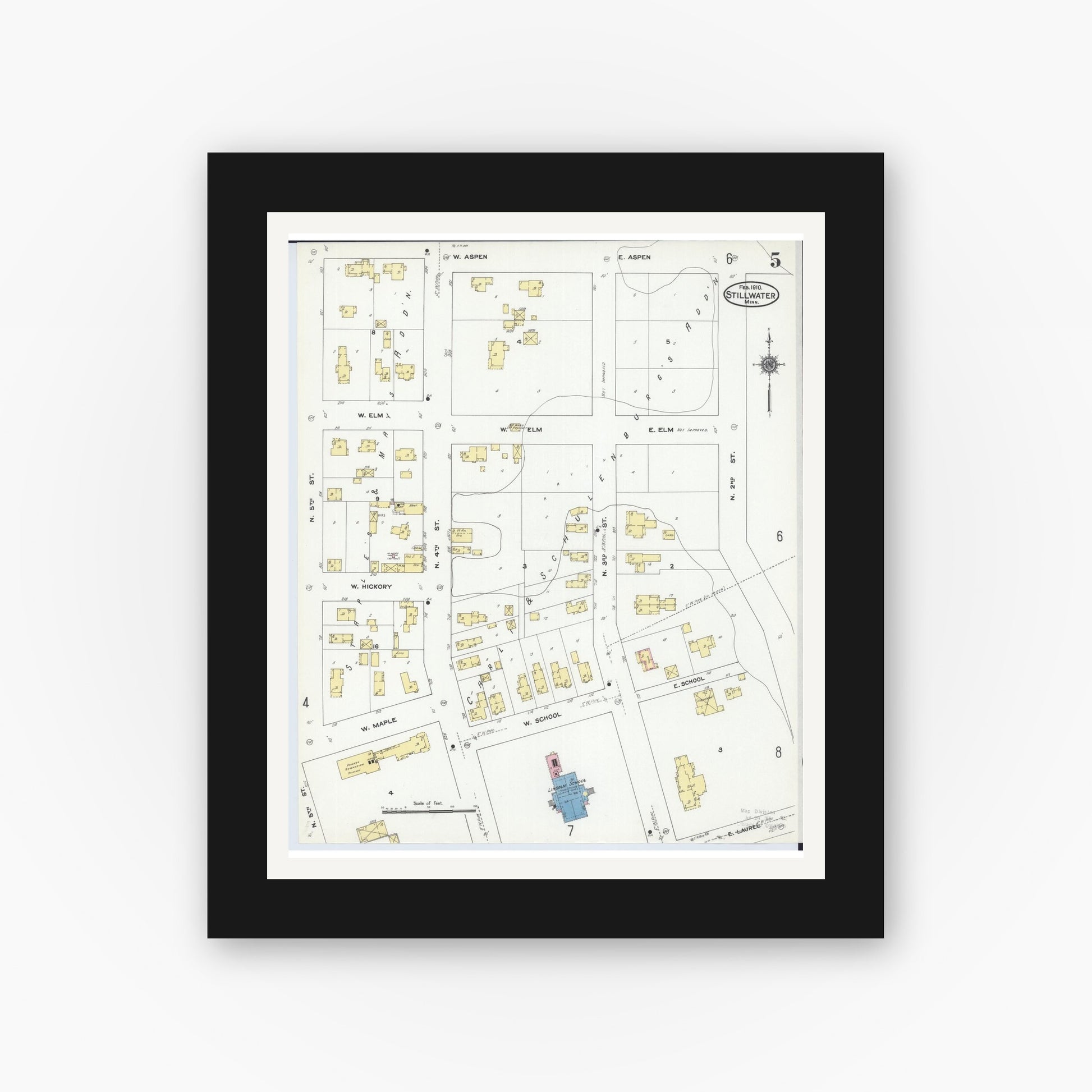 Old map wall art mockup — black gallery frame with white mat — Sanborn Fire Insurance Map from Stillwater, Washington County, Minnesota (1910), Sheet #0005