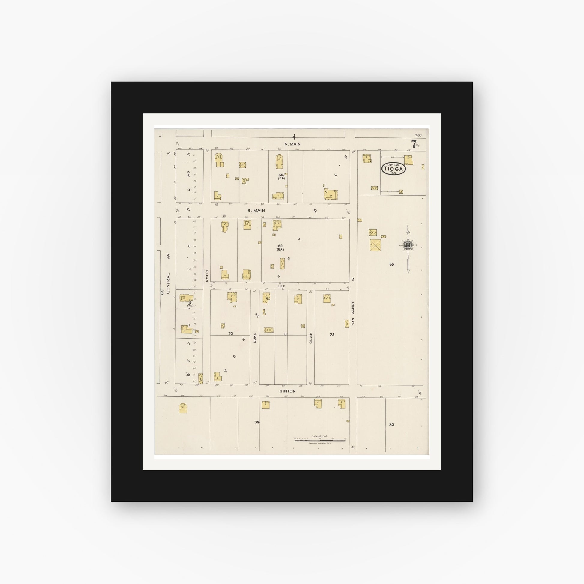 Old map wall art mockup — black gallery frame with white mat — Sanborn Fire Insurance Map from Tioga, Grayton County, Texas (1922), Sheet #0007
