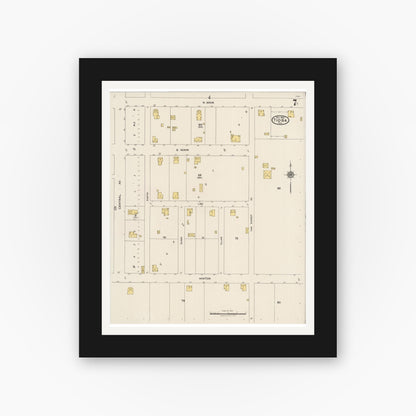 Old map wall art mockup — black gallery frame with white mat — Sanborn Fire Insurance Map from Tioga, Grayton County, Texas (1922), Sheet #0007