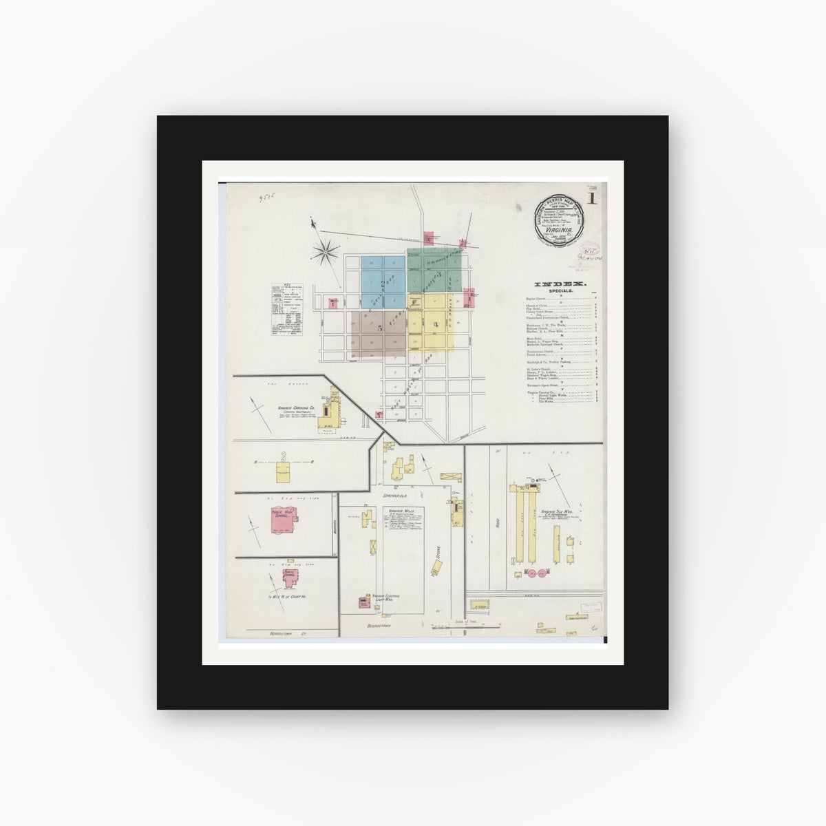 Old map wall art mockup — black gallery frame with white mat — Sanborn Fire Insurance Map from Virginia, Cass County, Illinois (1894), Sheet #0001