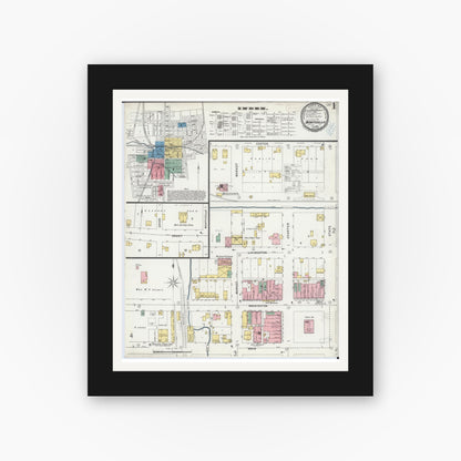 Old map wall art mockup — black gallery frame with white mat — Sanborn Fire Insurance Map from Monticello, Piatt County, Illinois (1899), Sheet #0001
