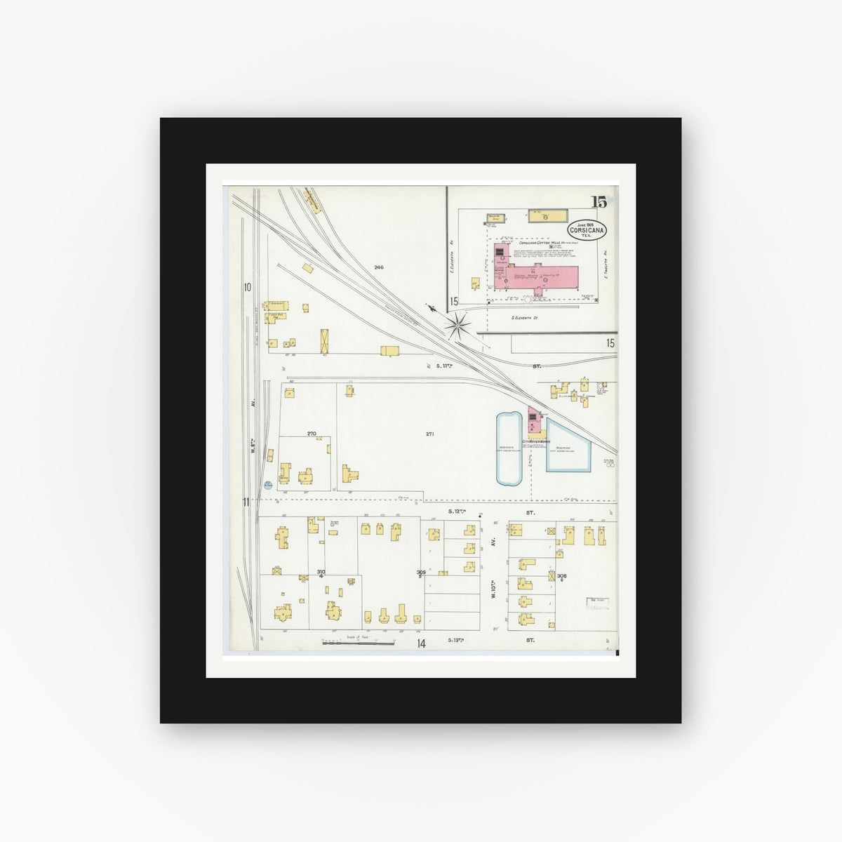 Old map wall art mockup — black gallery frame with white mat — Sanborn Fire Insurance Map from Corsicana, Navarro County, Texas (1905), Sheet #0015