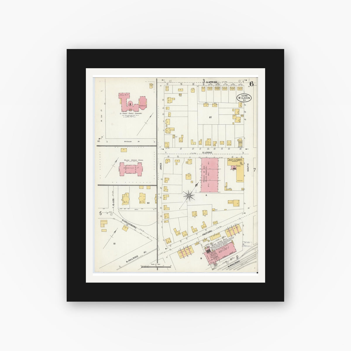 Old map wall art mockup — black gallery frame with white mat — Sanborn Fire Insurance Map from Wilson, Wilson County, North Carolina (1903), Sheet #0006