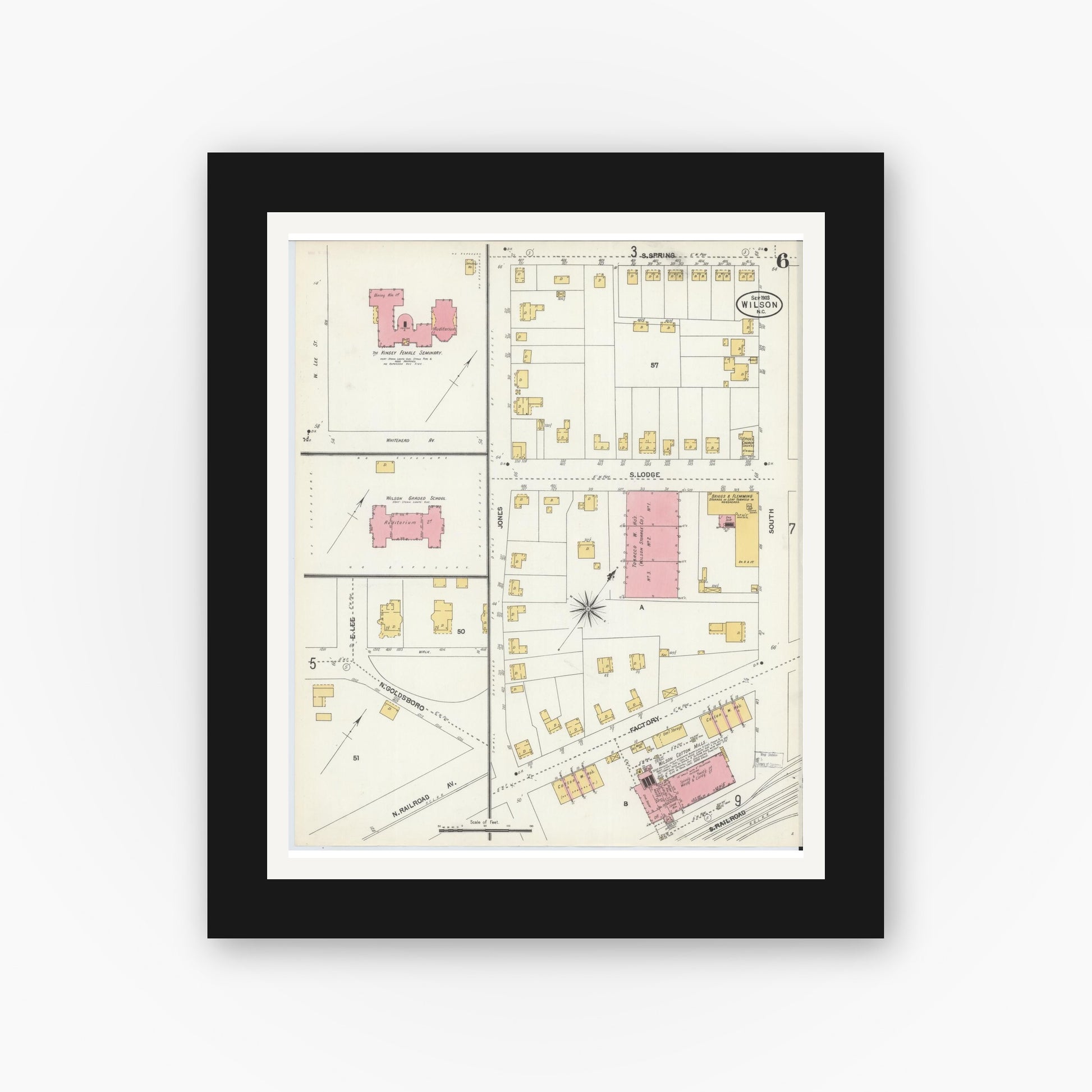 Old map wall art mockup — black gallery frame with white mat — Sanborn Fire Insurance Map from Wilson, Wilson County, North Carolina (1903), Sheet #0006