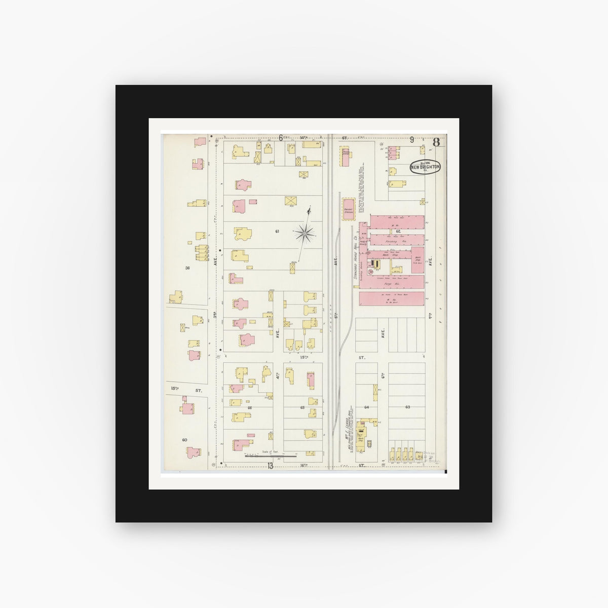 Old map wall art mockup — black gallery frame with white mat — Sanborn Fire Insurance Map from New Brighton, Beaver County, Pennsylvania (1896), Sheet #0008