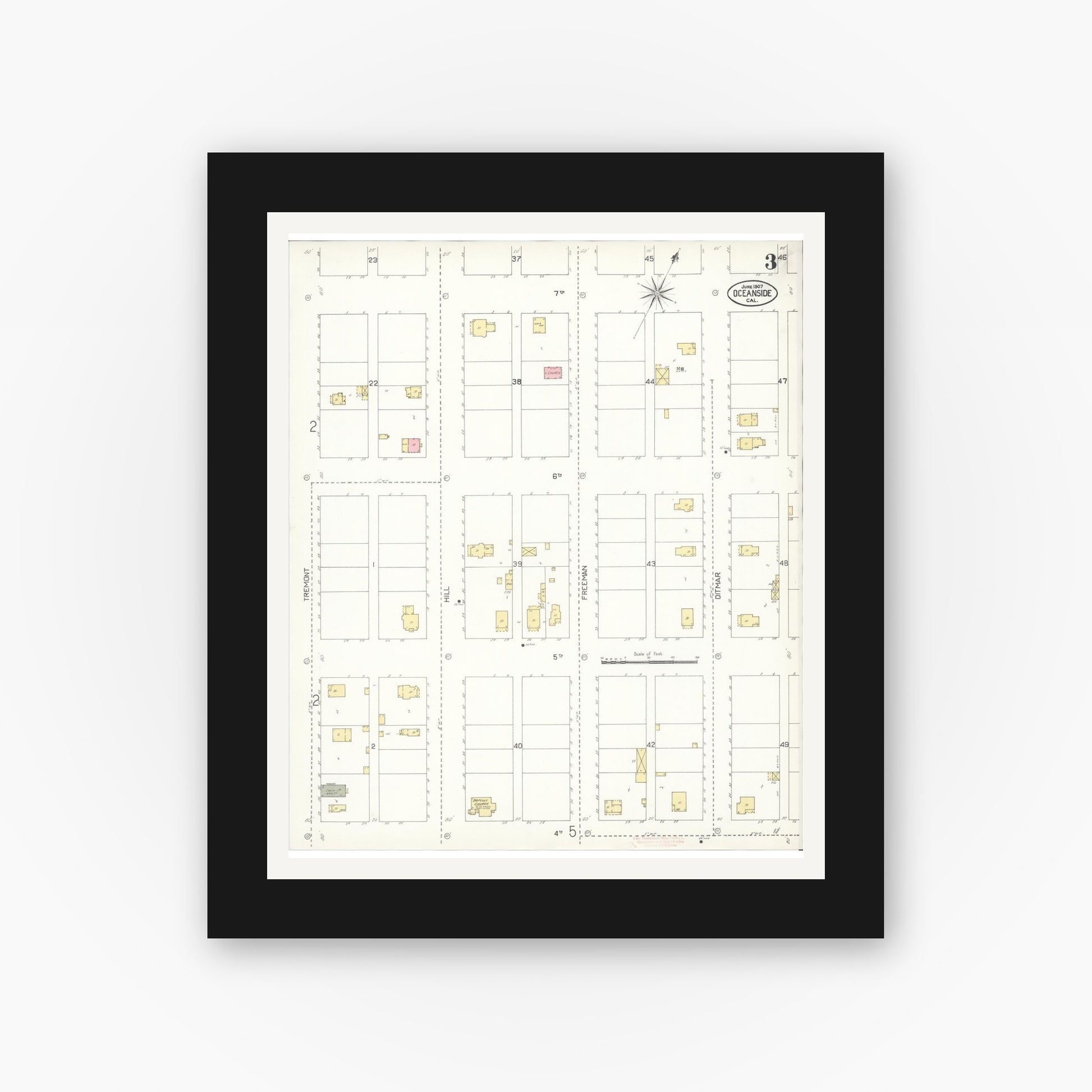 Old map wall art mockup — black gallery frame with white mat — Sanborn Fire Insurance Map from Oceanside, San Diego County, California (1907), Sheet #0003