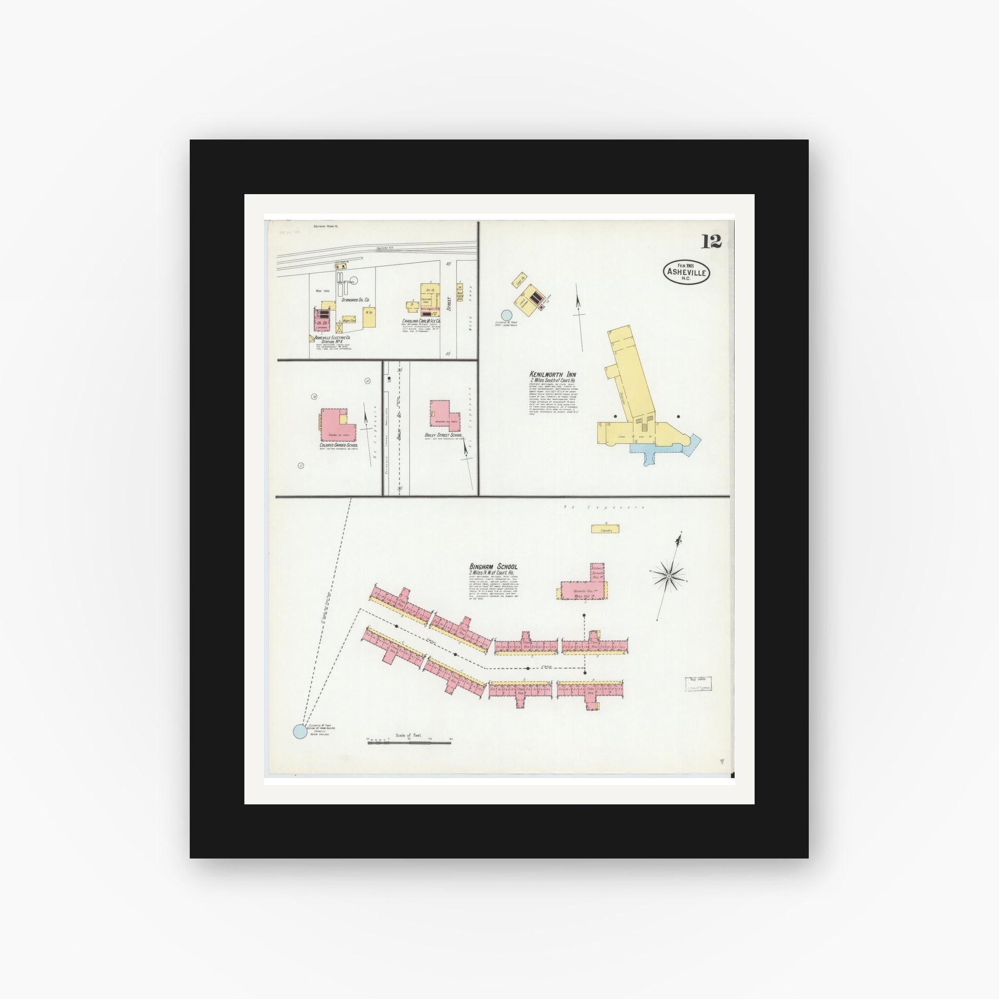 Old map wall art mockup — black gallery frame with white mat — Sanborn Fire Insurance Map from Asheville, Buncombe County, North Carolina (1901), Sheet #0012