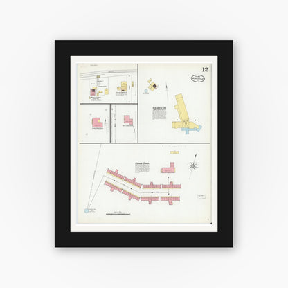 Old map wall art mockup — black gallery frame with white mat — Sanborn Fire Insurance Map from Asheville, Buncombe County, North Carolina (1901), Sheet #0012