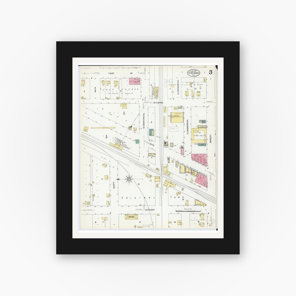 Old map wall art mockup — black gallery frame with white mat — Sanborn Fire Insurance Map from Chenoa, McLean County, Illinois (1907), Sheet #0003