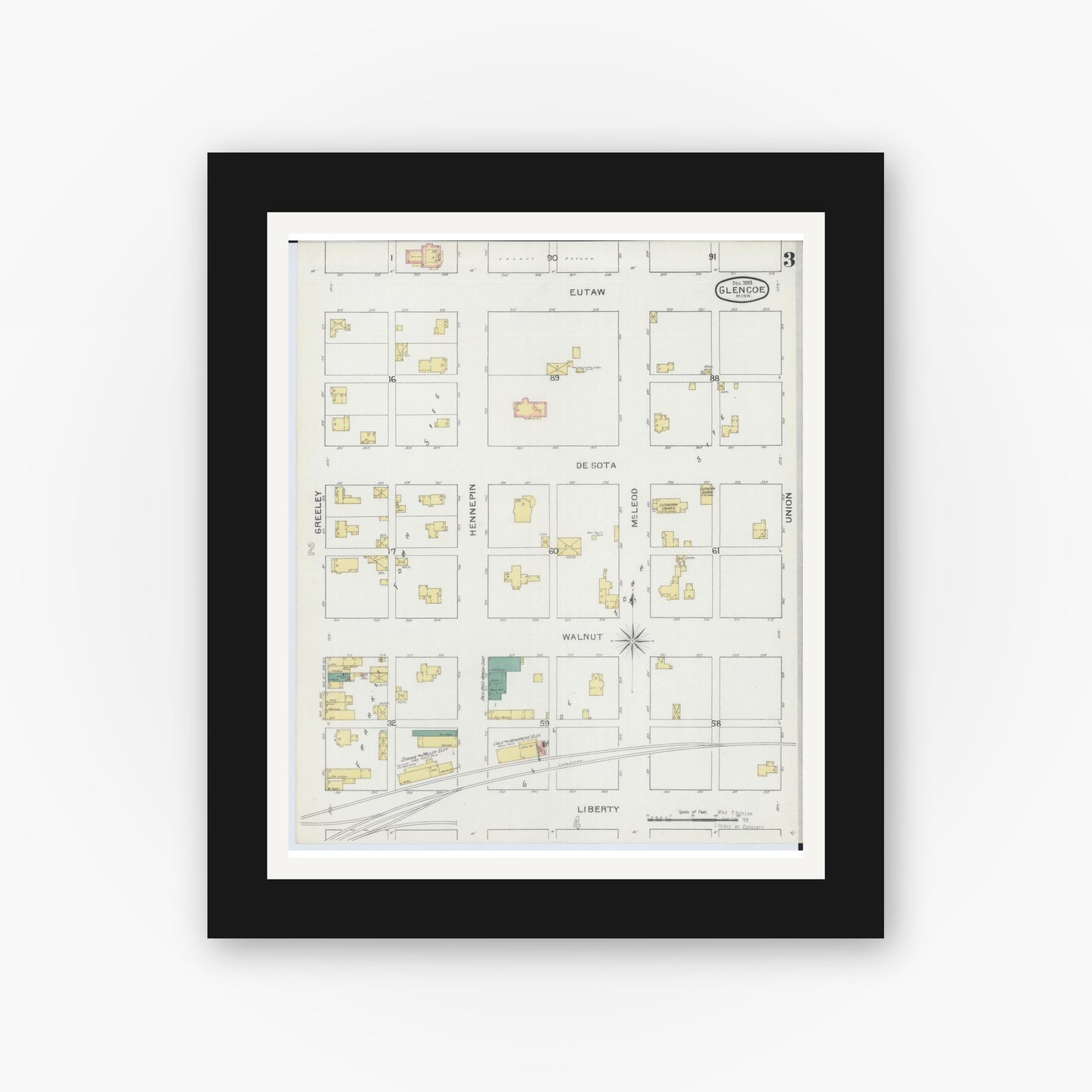 Old map wall art mockup — black gallery frame with white mat — Sanborn Fire Insurance Map from Glencoe, Mcleod County, Minnesota (1893), Sheet #0003