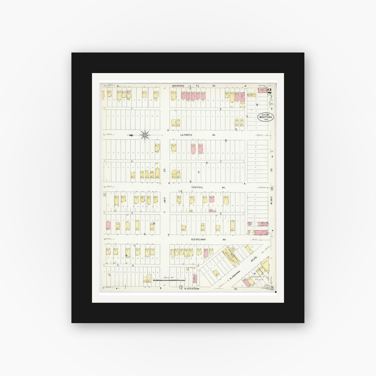 Old map wall art mockup — black gallery frame with white mat — Sanborn Fire Insurance Map from Whiting, Lake County, Indiana (1907), Sheet #0002