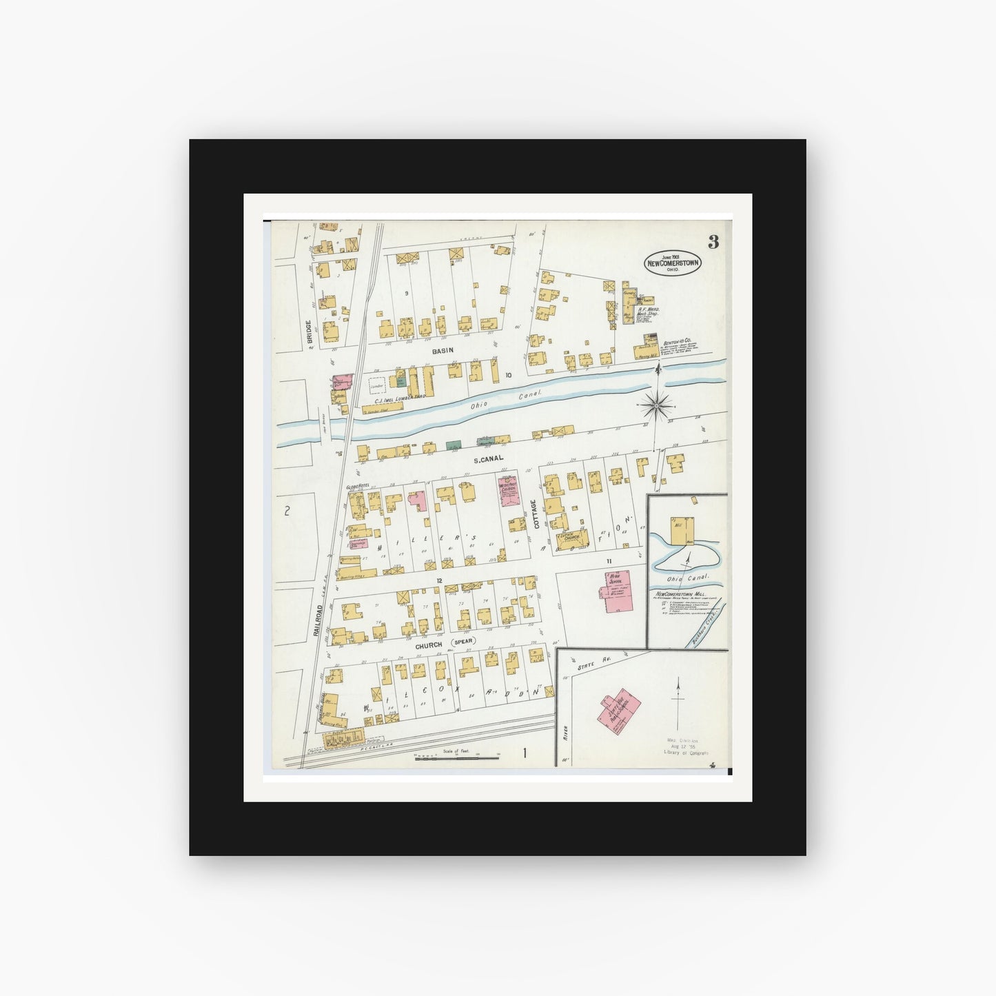 Old map wall art mockup — black gallery frame with white mat — Sanborn Fire Insurance Map from Newcomerstown, Tuscarawas County, Ohio (1901), Sheet #0003