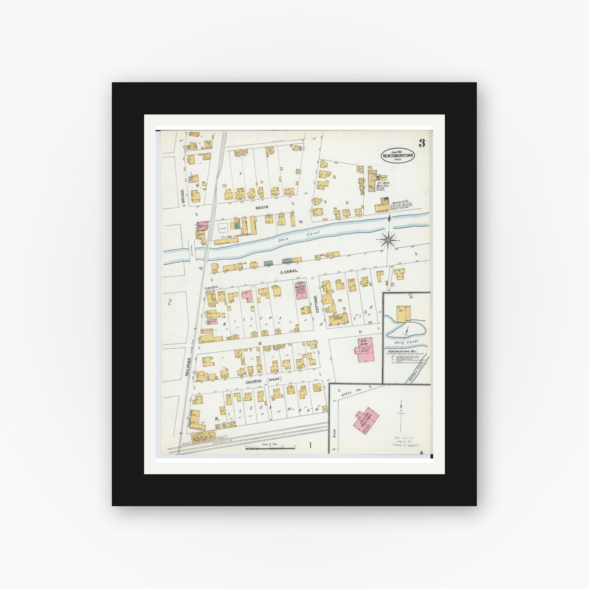 Old map wall art mockup — black gallery frame with white mat — Sanborn Fire Insurance Map from Newcomerstown, Tuscarawas County, Ohio (1901), Sheet #0003