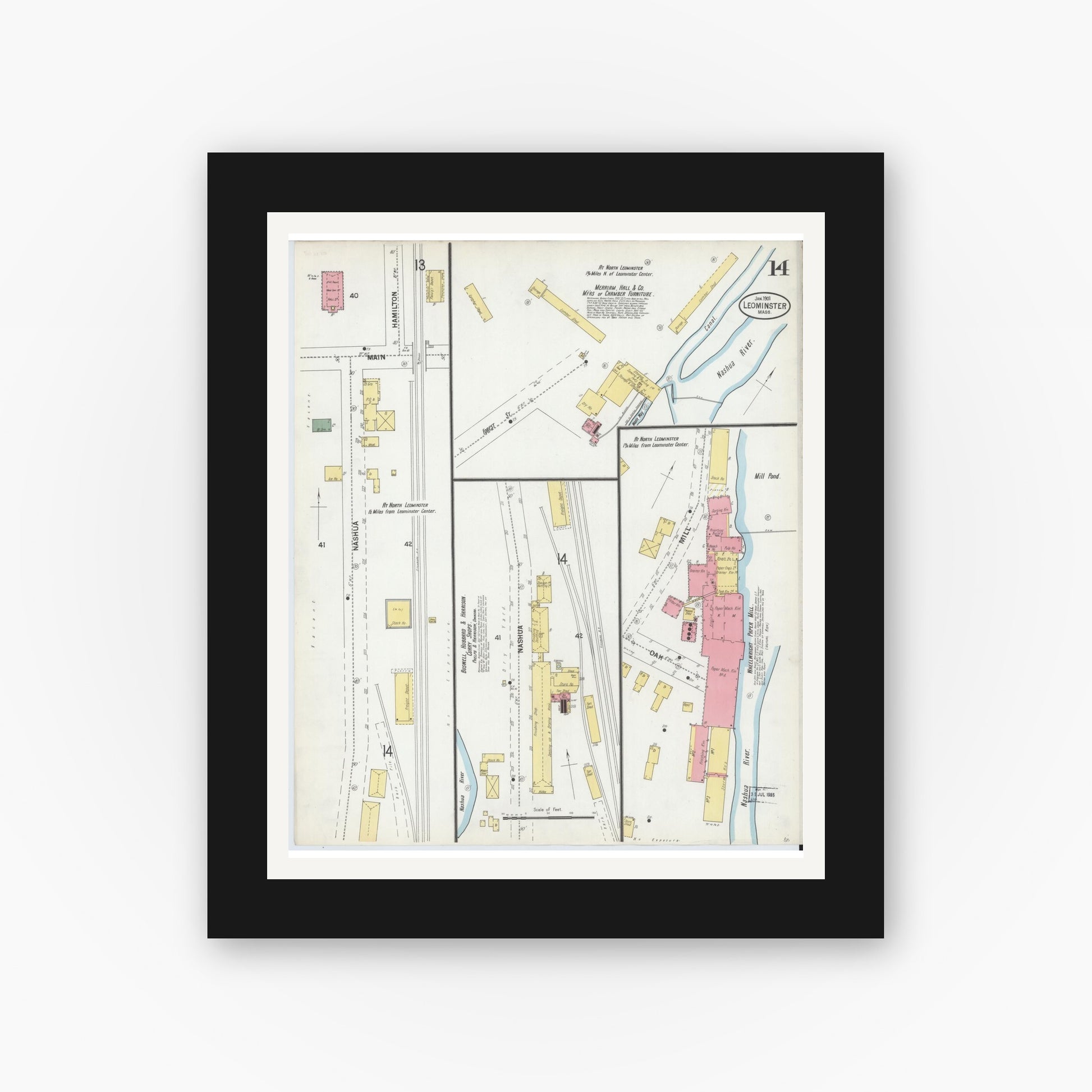 Old map wall art mockup — black gallery frame with white mat — Sanborn Fire Insurance Map from Leominster, Worcester County, Massachusetts (1901), Sheet #0014