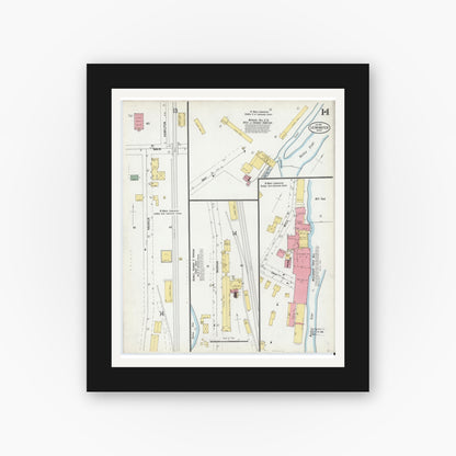 Old map wall art mockup — black gallery frame with white mat — Sanborn Fire Insurance Map from Leominster, Worcester County, Massachusetts (1901), Sheet #0014