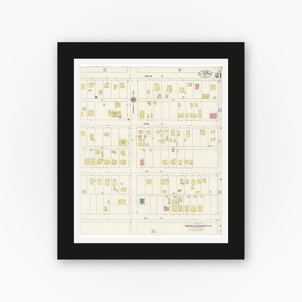 Old map wall art mockup — black gallery frame with white mat — Sanborn Fire Insurance Map from El Centro, Imperial County, California (1922), Sheet #0021