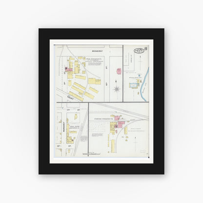 Old map wall art mockup — black gallery frame with white mat — Sanborn Fire Insurance Map from Pekin, Tazewell County, Illinois (1892), Sheet #0008