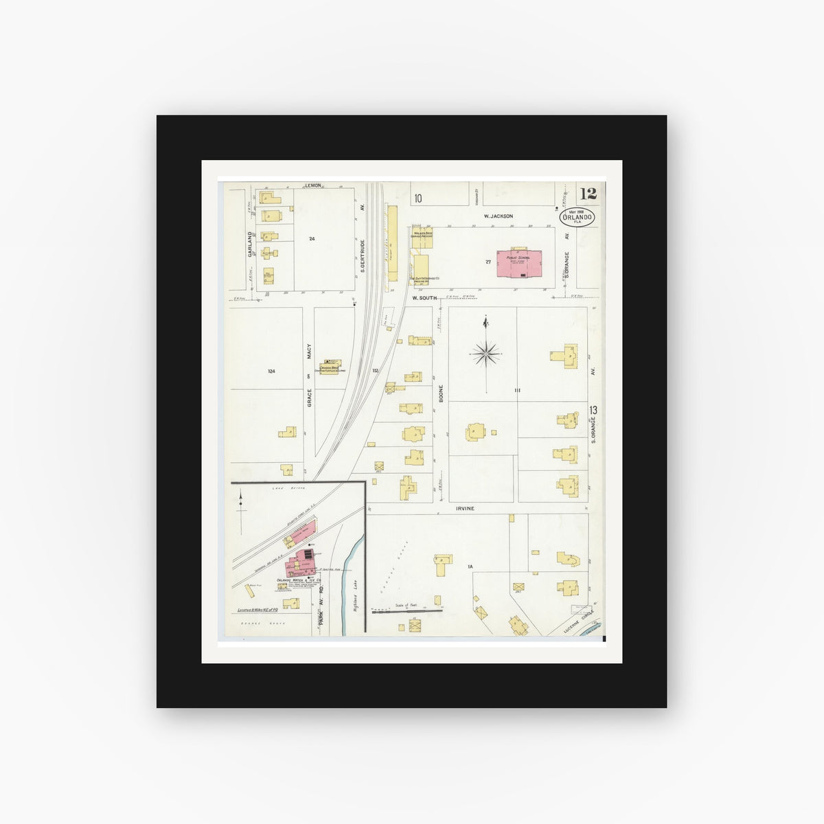 Old map wall art mockup — black gallery frame with white mat — Sanborn Fire Insurance Map from Orlando, Orange County, Florida (1908), Sheet #0012