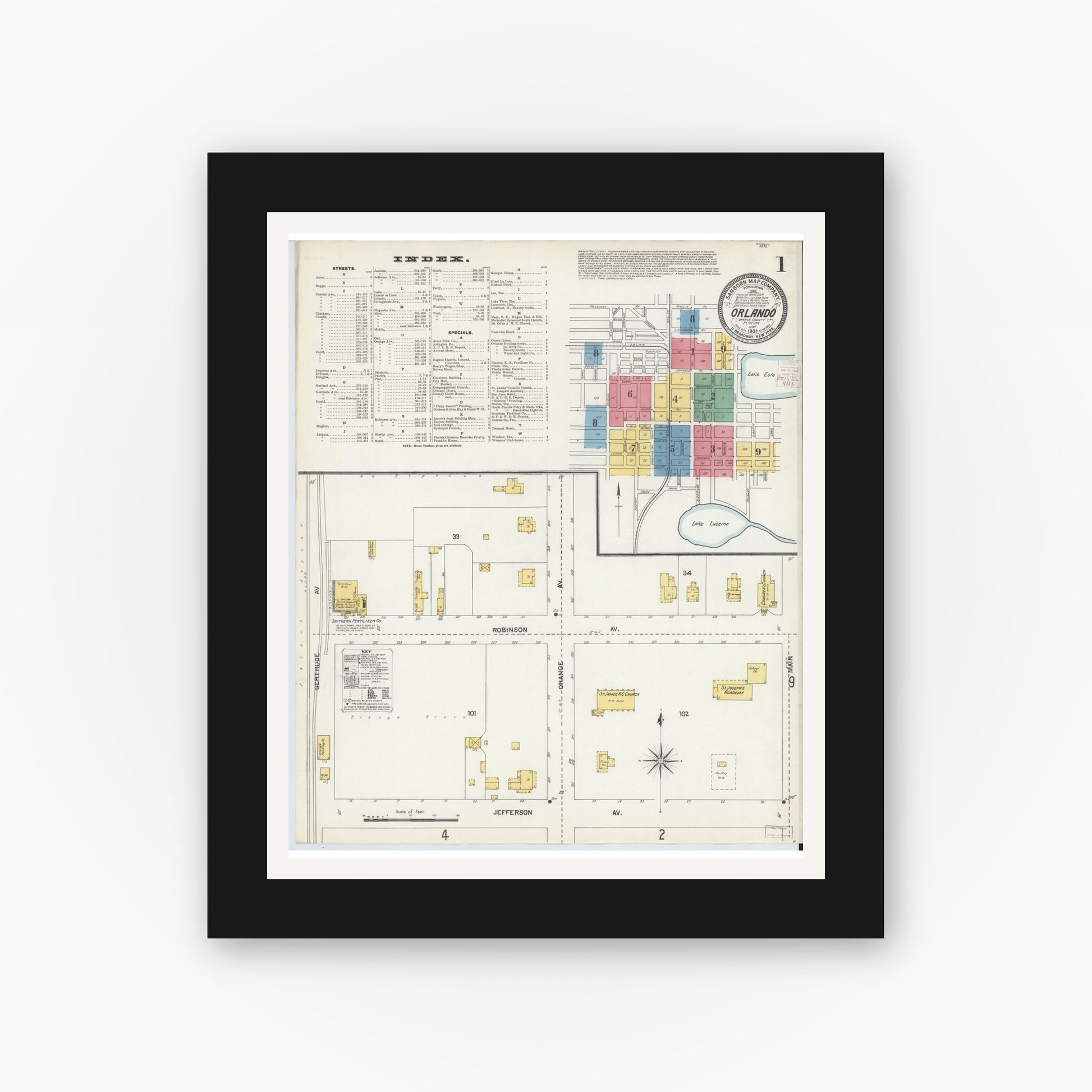 Old map wall art mockup — black gallery frame with white mat — Sanborn Fire Insurance Map from Orlando, Orange County, Florida (1903), Sheet #0001