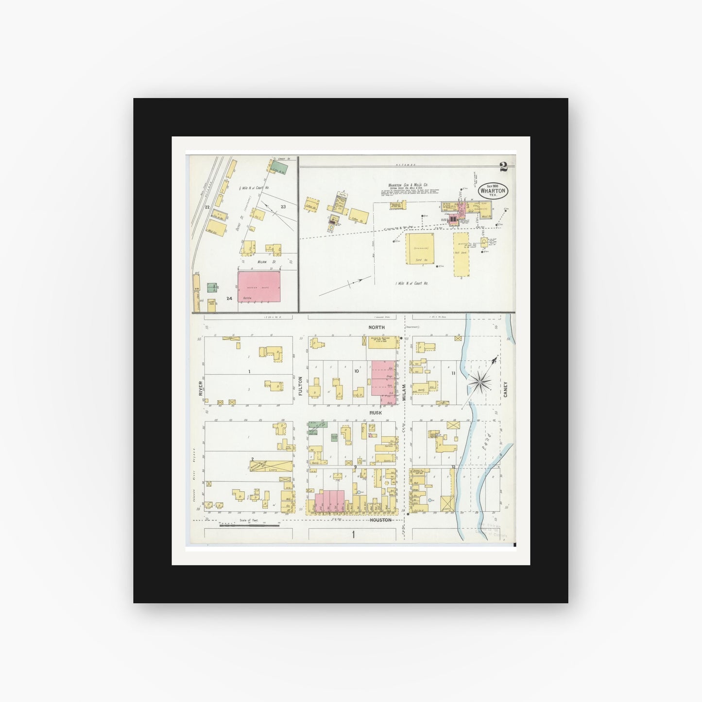 Old map wall art mockup — black gallery frame with white mat — Sanborn Fire Insurance Map from Wharton, Wharton County, Texas (1900), Sheet #0002