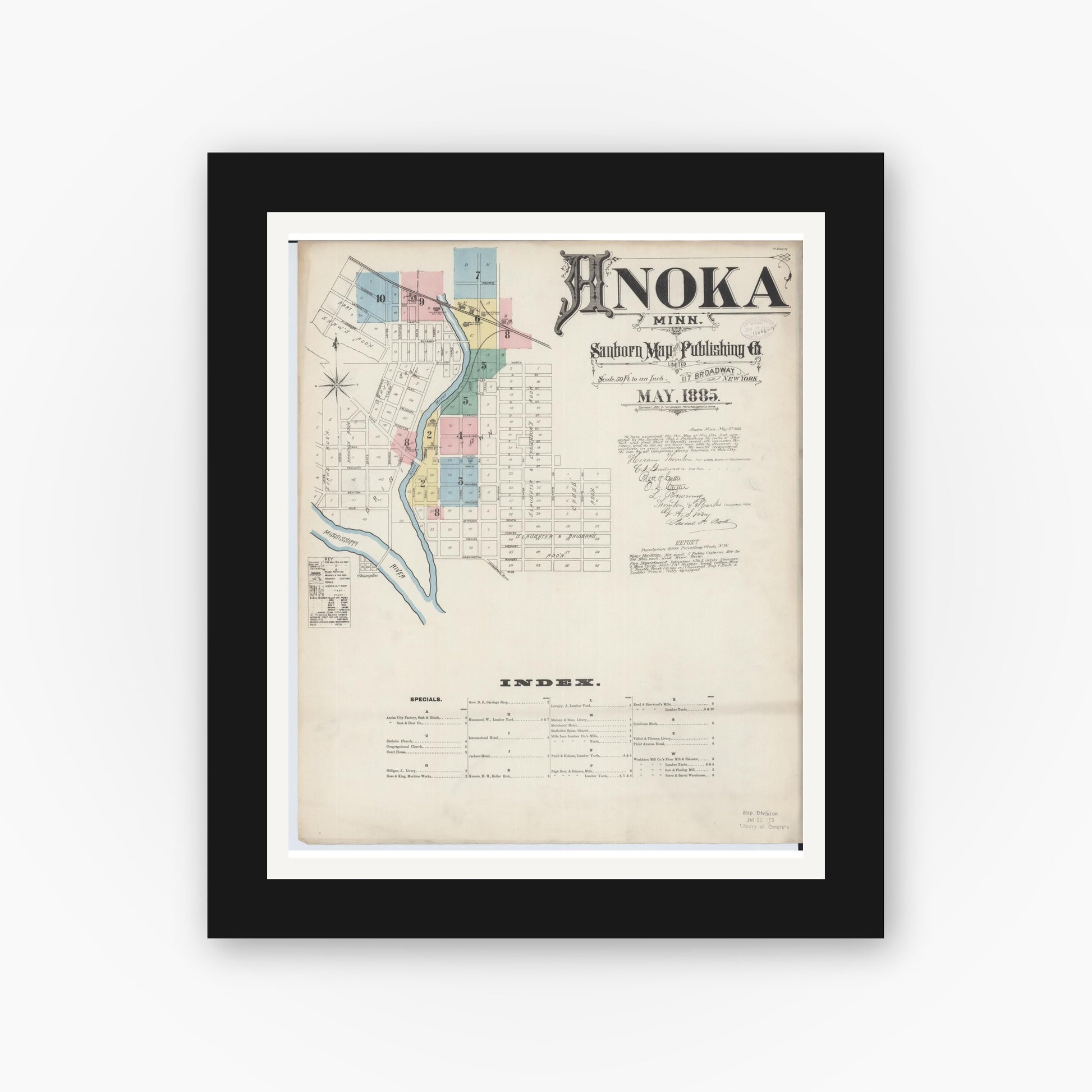 Old map wall art mockup — black gallery frame with white mat — Sanborn Fire Insurance Map from Anoka, Anoka County, Minnesota (1885), Sheet #0001