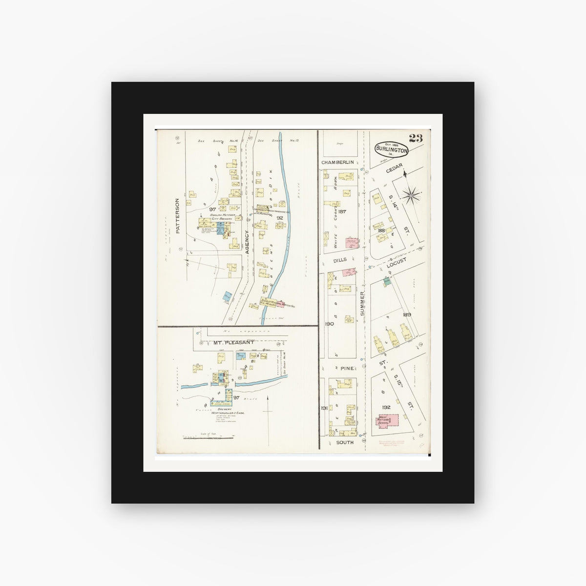 Old map wall art mockup — black gallery frame with white mat — Sanborn Fire Insurance Map from Burlington, Des Moines County, Iowa (1888), Sheet #0023