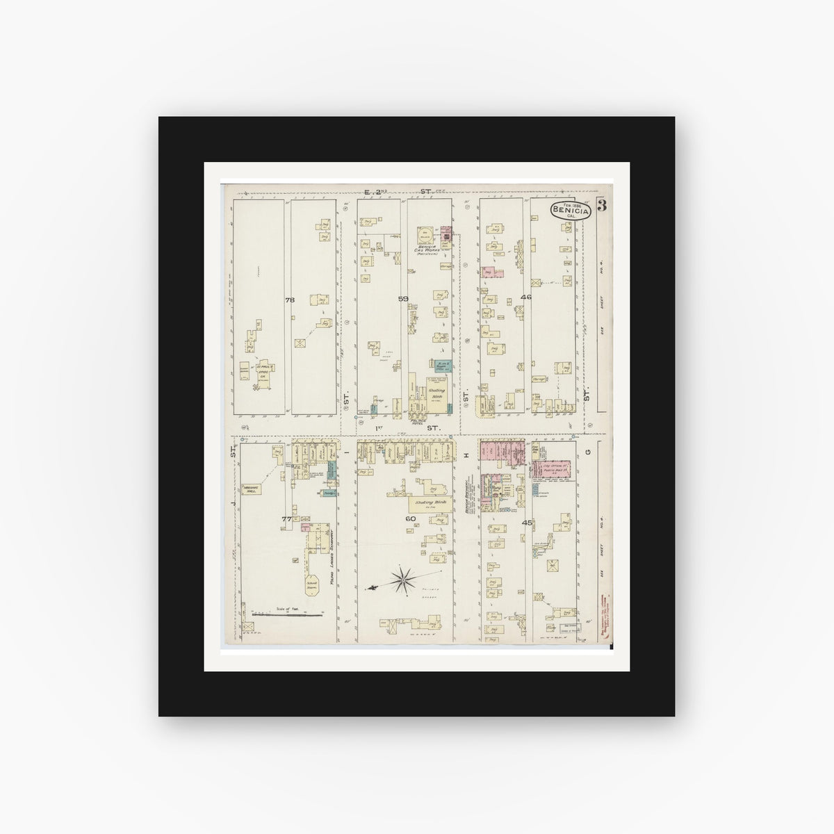 Old map wall art mockup — black gallery frame with white mat — Sanborn Fire Insurance Map from Benicia, Solano County, California (1886), Sheet #0003