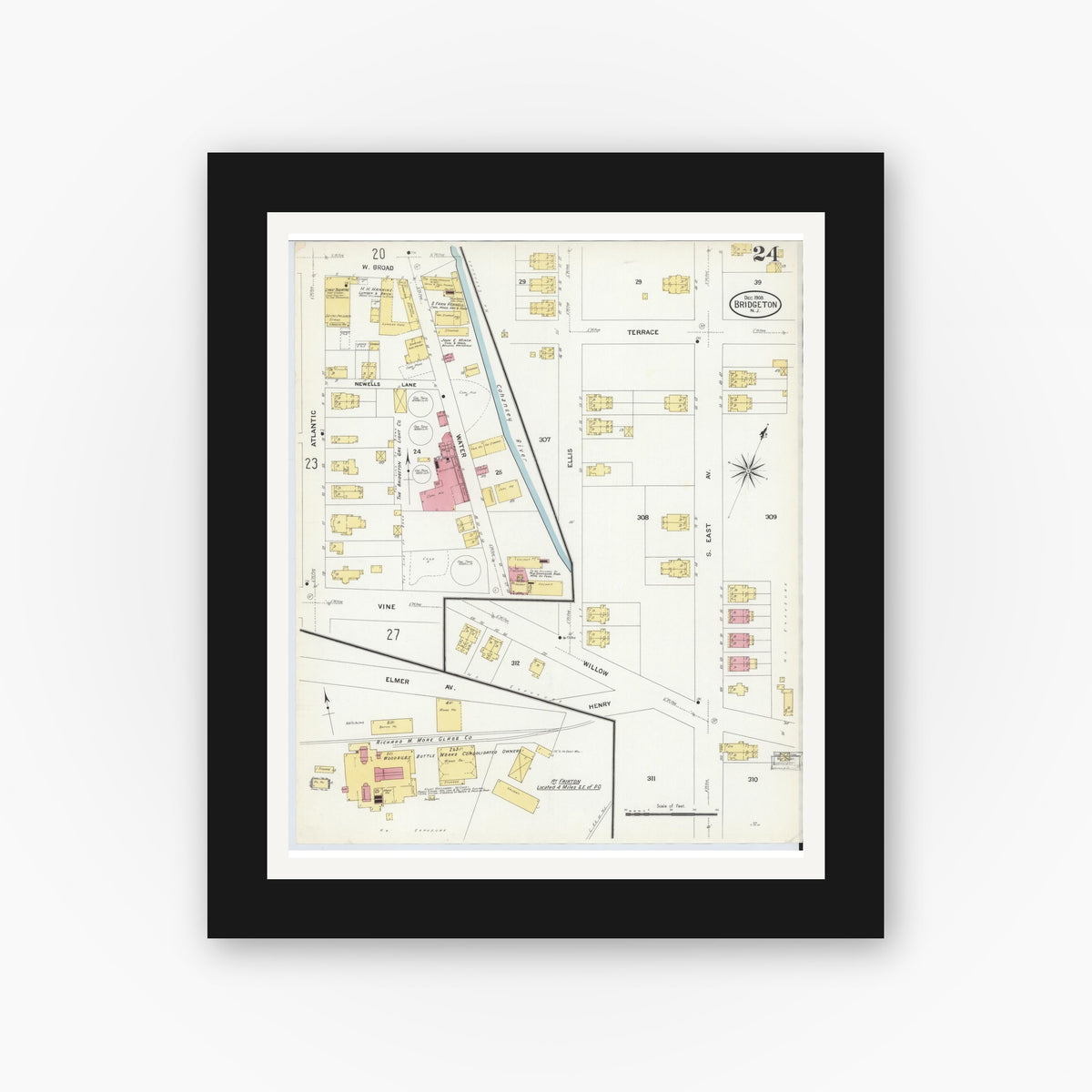 Old map wall art mockup — black gallery frame with white mat — Sanborn Fire Insurance Map from Bridgeton, Cumberland County, New Jersey (1908), Sheet #0024
