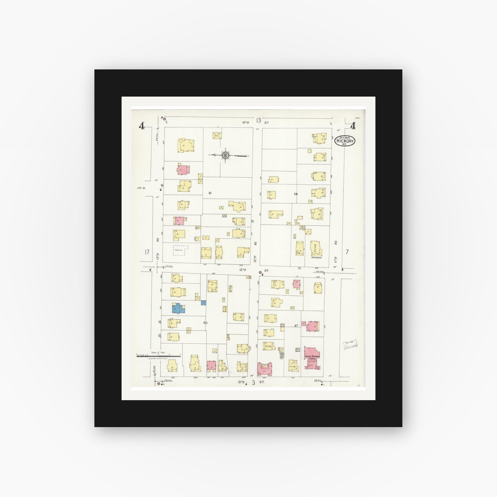 Old map wall art mockup — black gallery frame with white mat — Sanborn Fire Insurance Map from Hickory, Catawba County, North Carolina (1925), Sheet #0004
