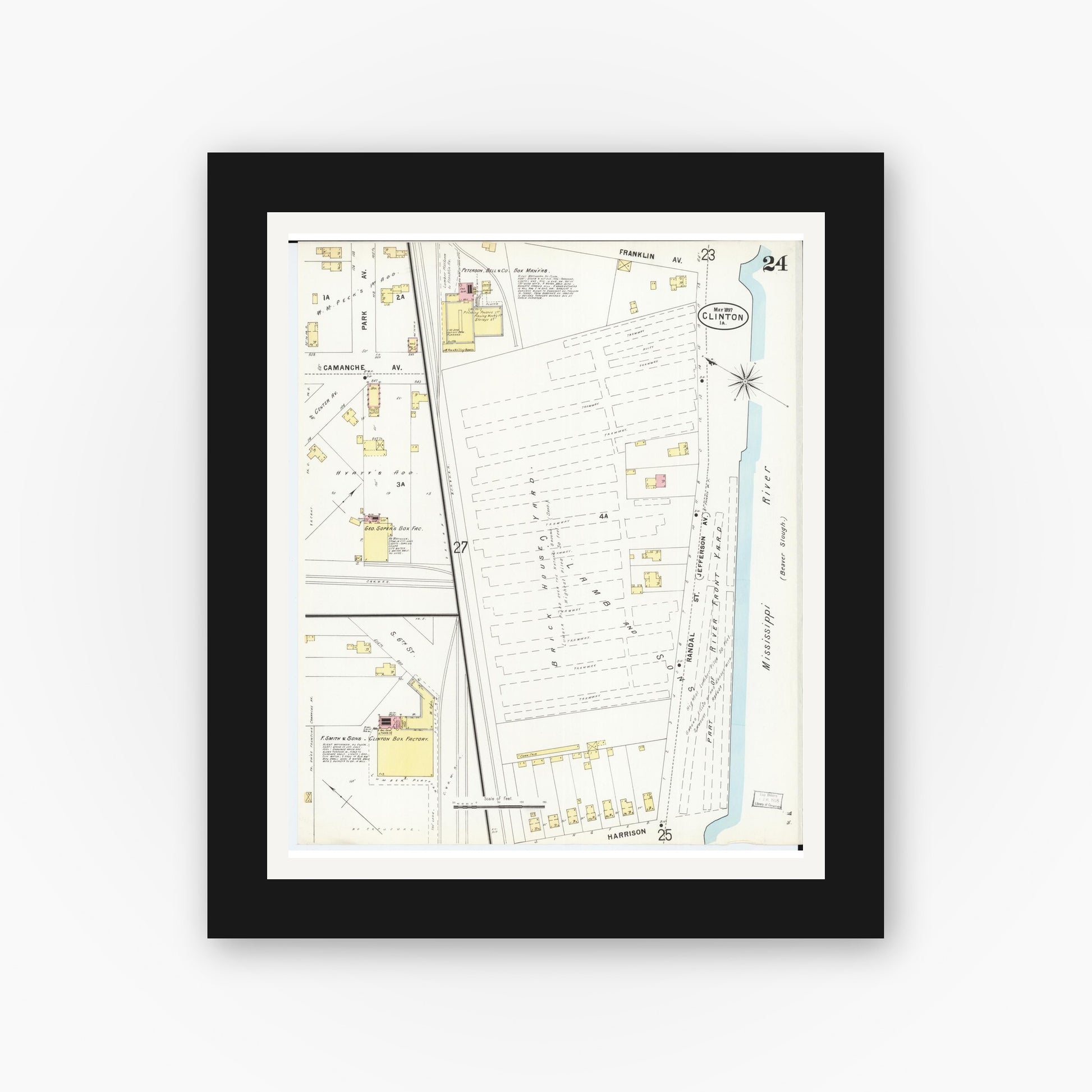 Old map wall art mockup — black gallery frame with white mat — Sanborn Fire Insurance Map from Clinton, Clinton County, Iowa (1897), Sheet #0024