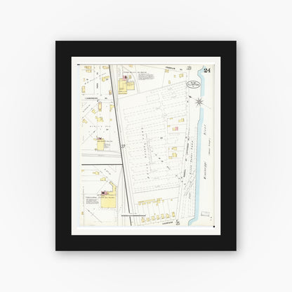 Old map wall art mockup — black gallery frame with white mat — Sanborn Fire Insurance Map from Clinton, Clinton County, Iowa (1897), Sheet #0024