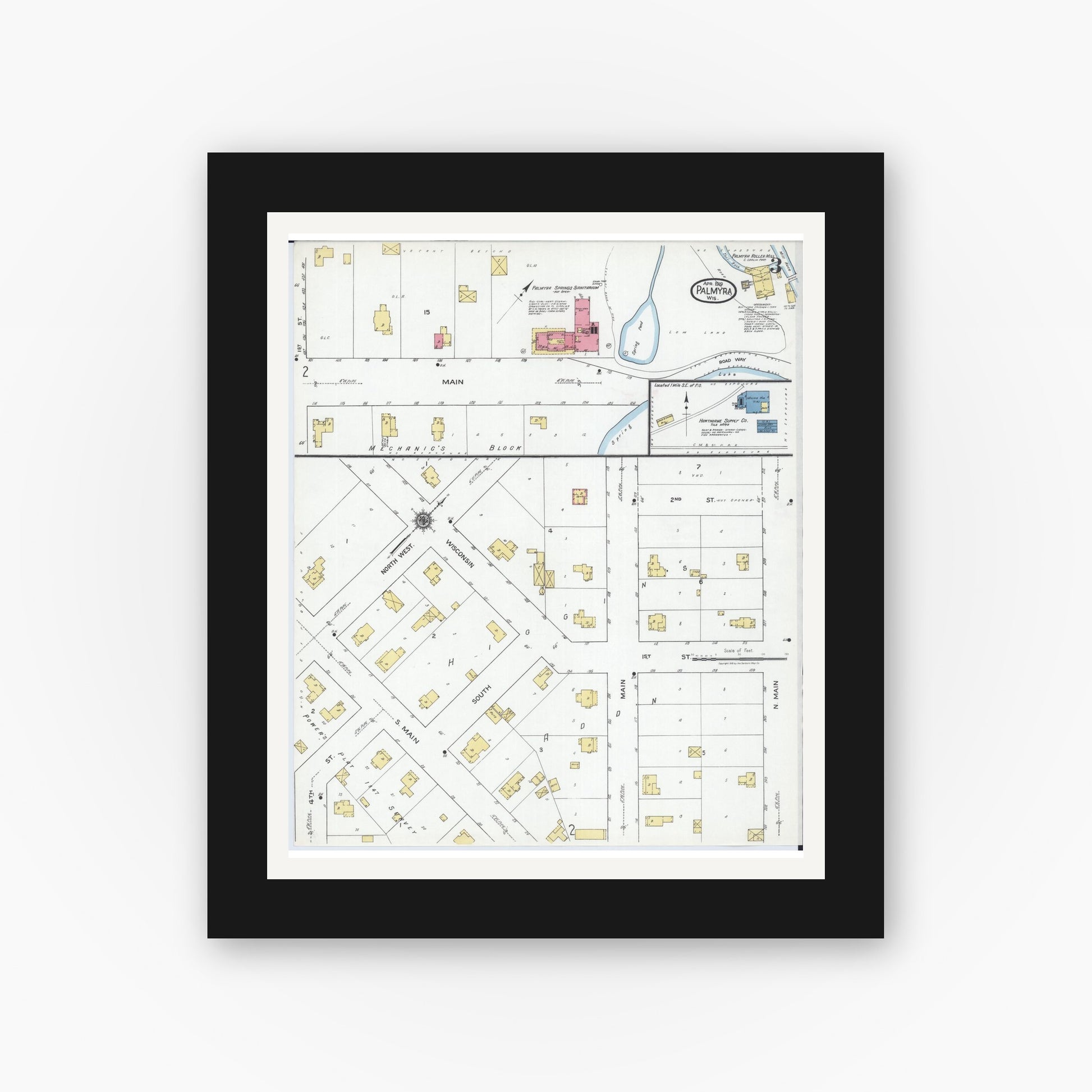 Old map wall art mockup — black gallery frame with white mat — Sanborn Fire Insurance Map from Palmyra, Jefferson County, Wisconsin (1919), Sheet #0003