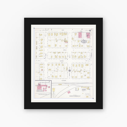 Old map wall art mockup — black gallery frame with white mat — Sanborn Fire Insurance Map from Luverne, Rock County, Minnesota (1913), Sheet #0006