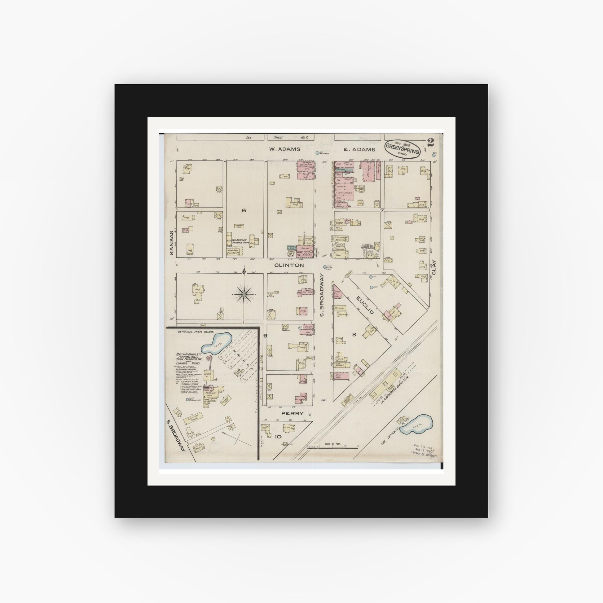 Old map wall art mockup — black gallery frame with white mat — Sanborn Fire Insurance Map from Green Springs, Sandusky And Seneca Counties, Ohio (1885), Sheet #0002