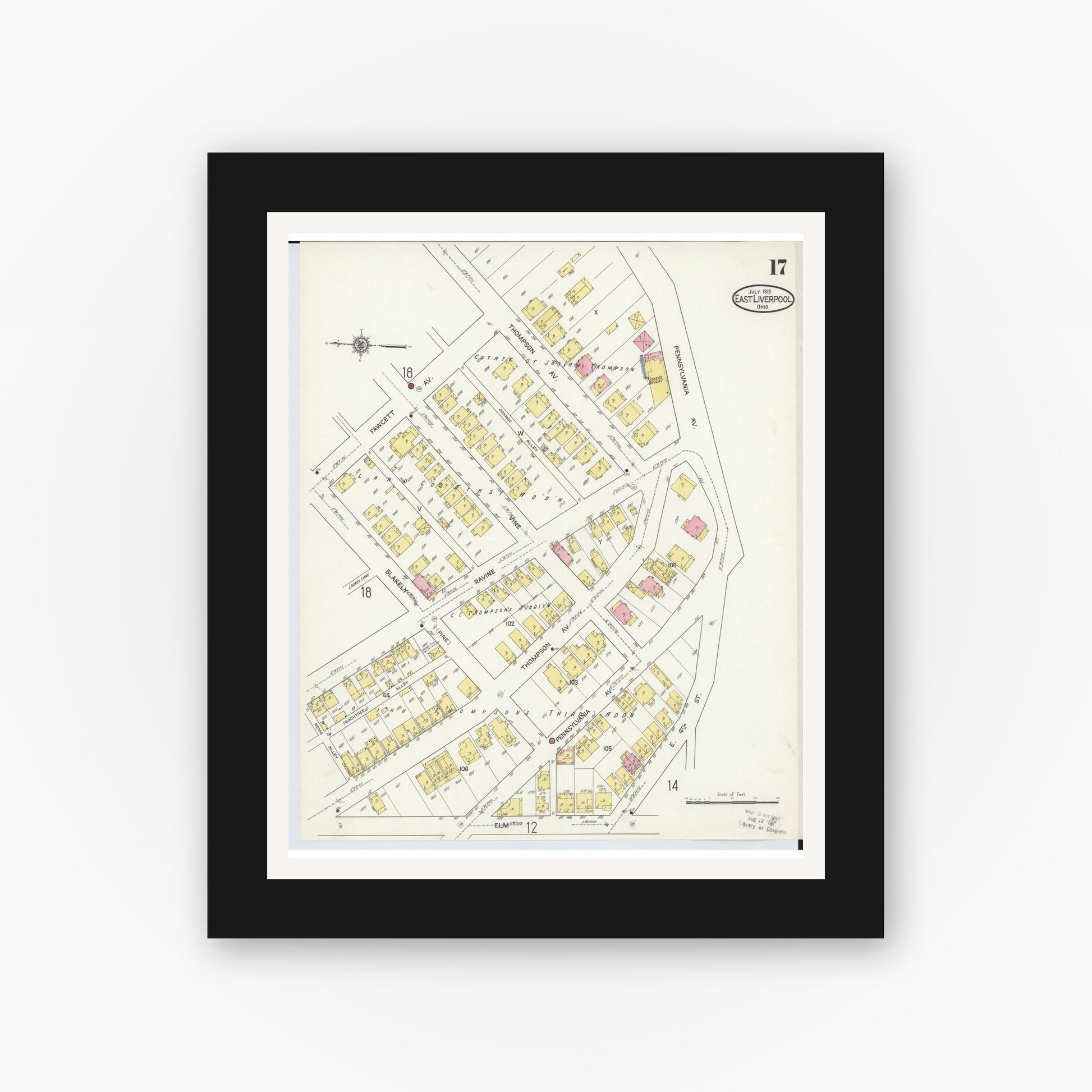 Old map wall art mockup — black gallery frame with white mat — Sanborn Fire Insurance Map from East Liverpool, Columbiana County, Ohio (1913), Sheet #0017