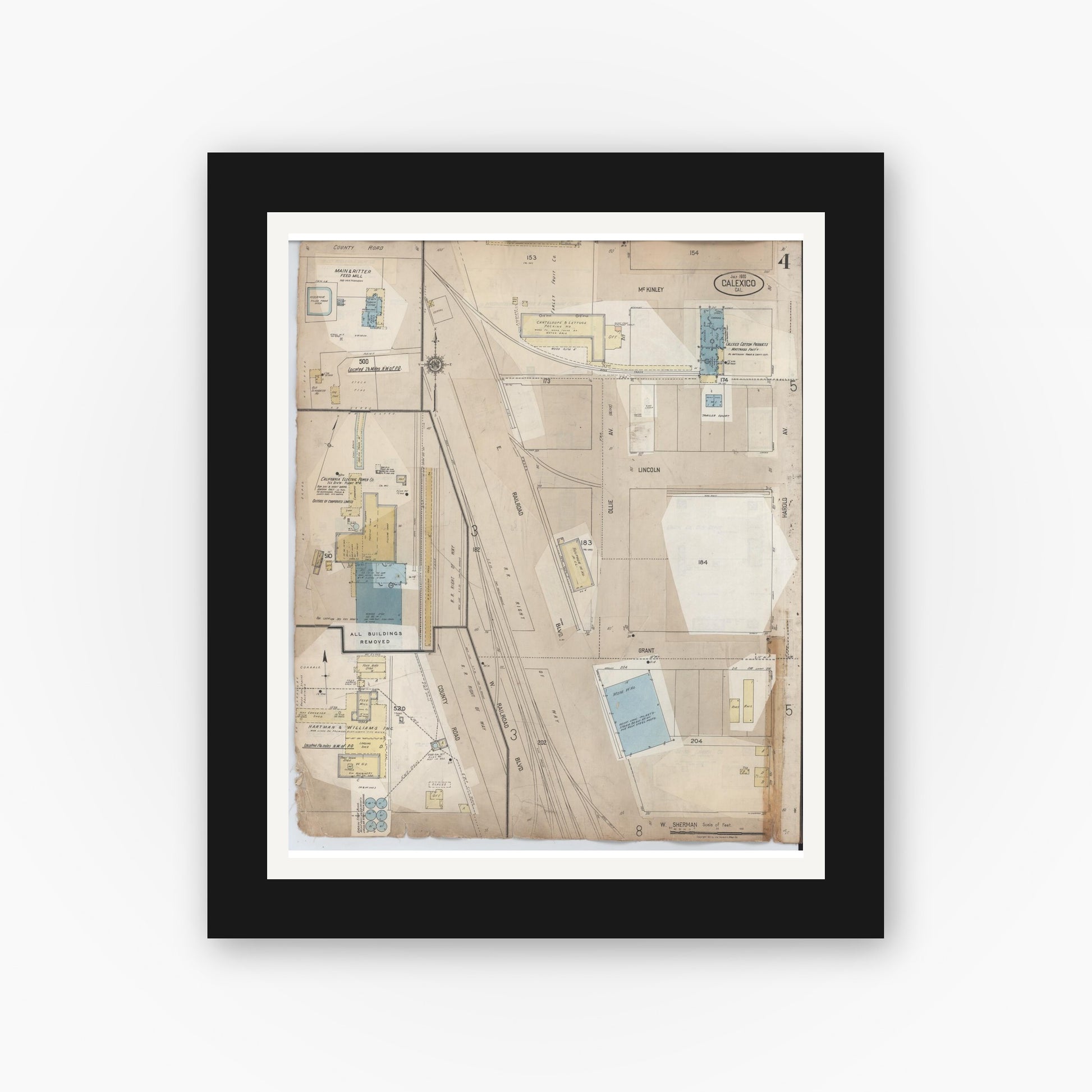 Old map wall art mockup — black gallery frame with white mat — Sanborn Fire Insurance Map from Calexico, Imperial County, California (1956), Sheet #0004