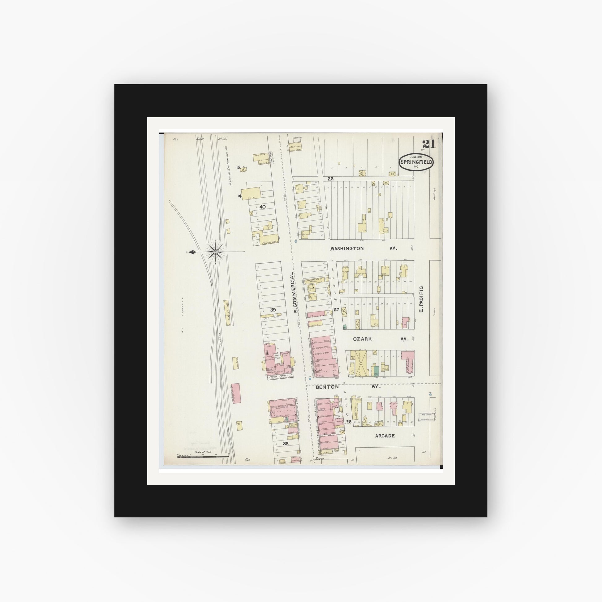 Old map wall art mockup — black gallery frame with white mat — Sanborn Fire Insurance Map from Springfield, Greene County, Missouri (1891), Sheet #0021