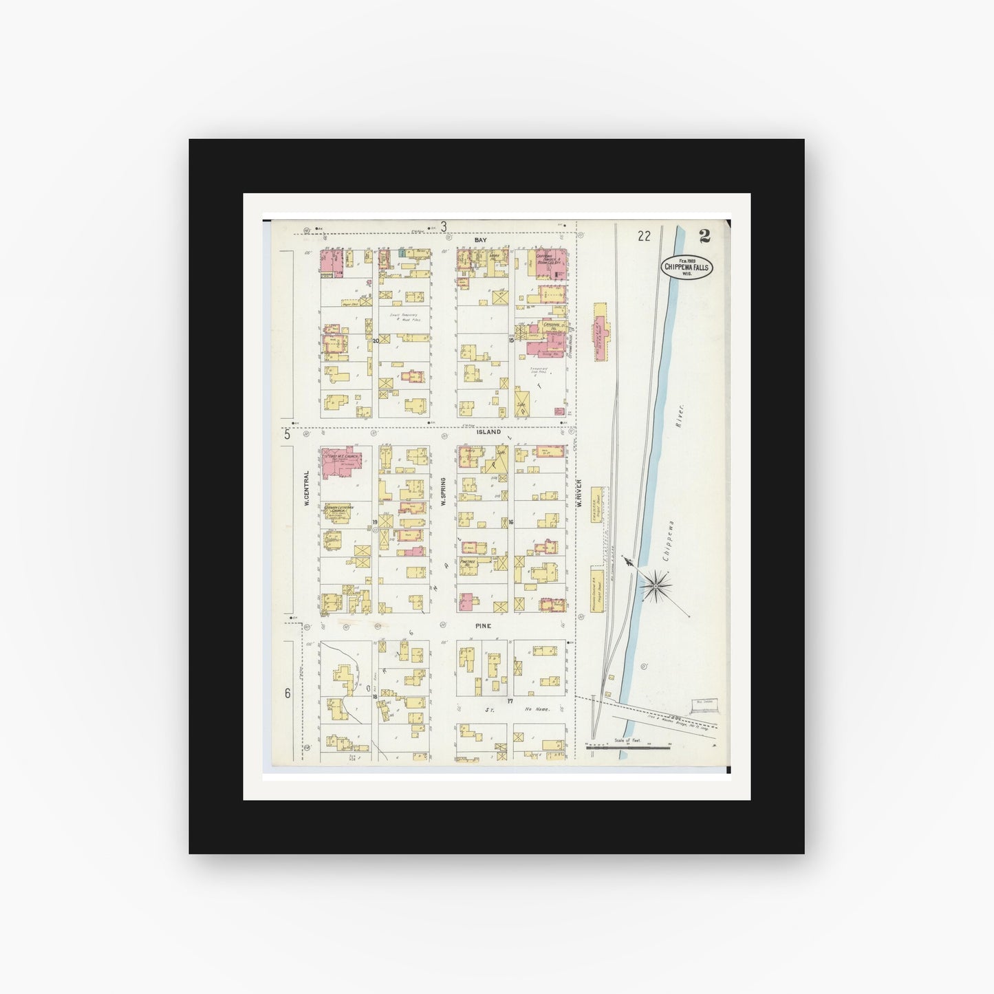 Old map wall art mockup — black gallery frame with white mat — Sanborn Fire Insurance Map from Chippewa Falls, Chippewa County, Wisconsin (1903), Sheet #0002