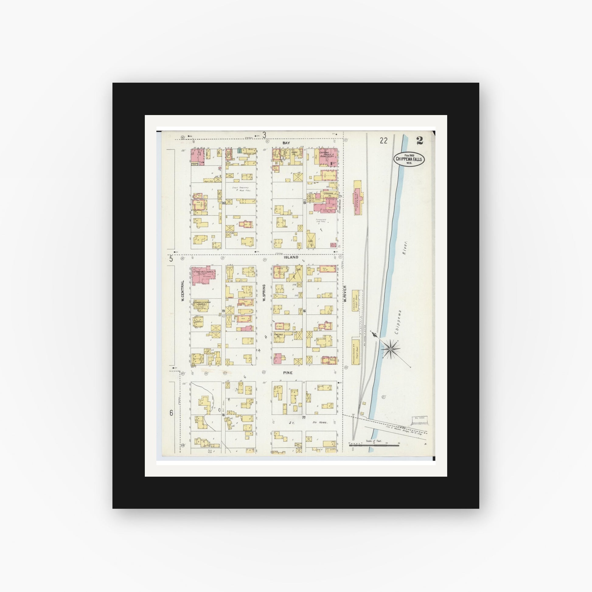 Old map wall art mockup — black gallery frame with white mat — Sanborn Fire Insurance Map from Chippewa Falls, Chippewa County, Wisconsin (1903), Sheet #0002