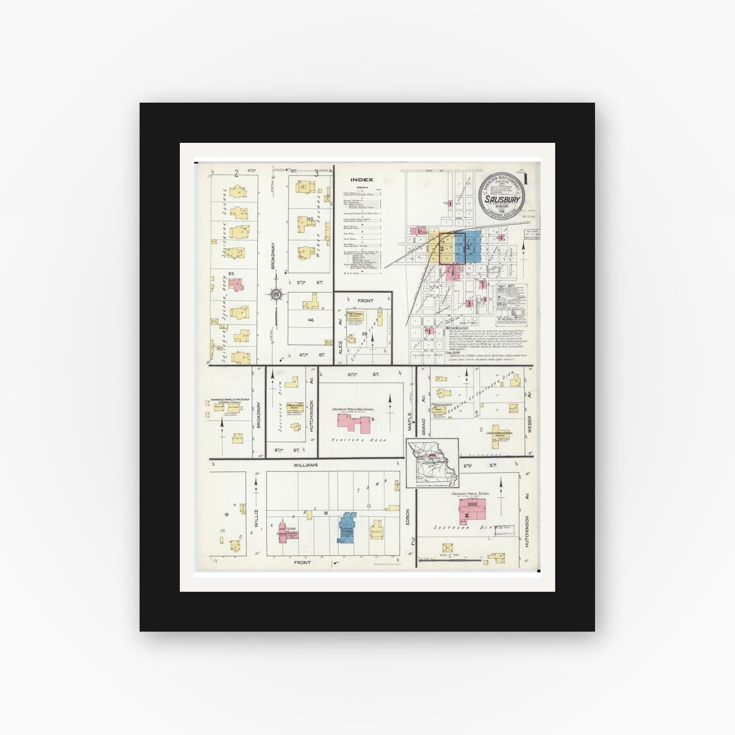 Old map wall art mockup — black gallery frame with white mat — Sanborn Fire Insurance Map from Salisbury, Chariton County, Missouri (1916), Sheet #0001