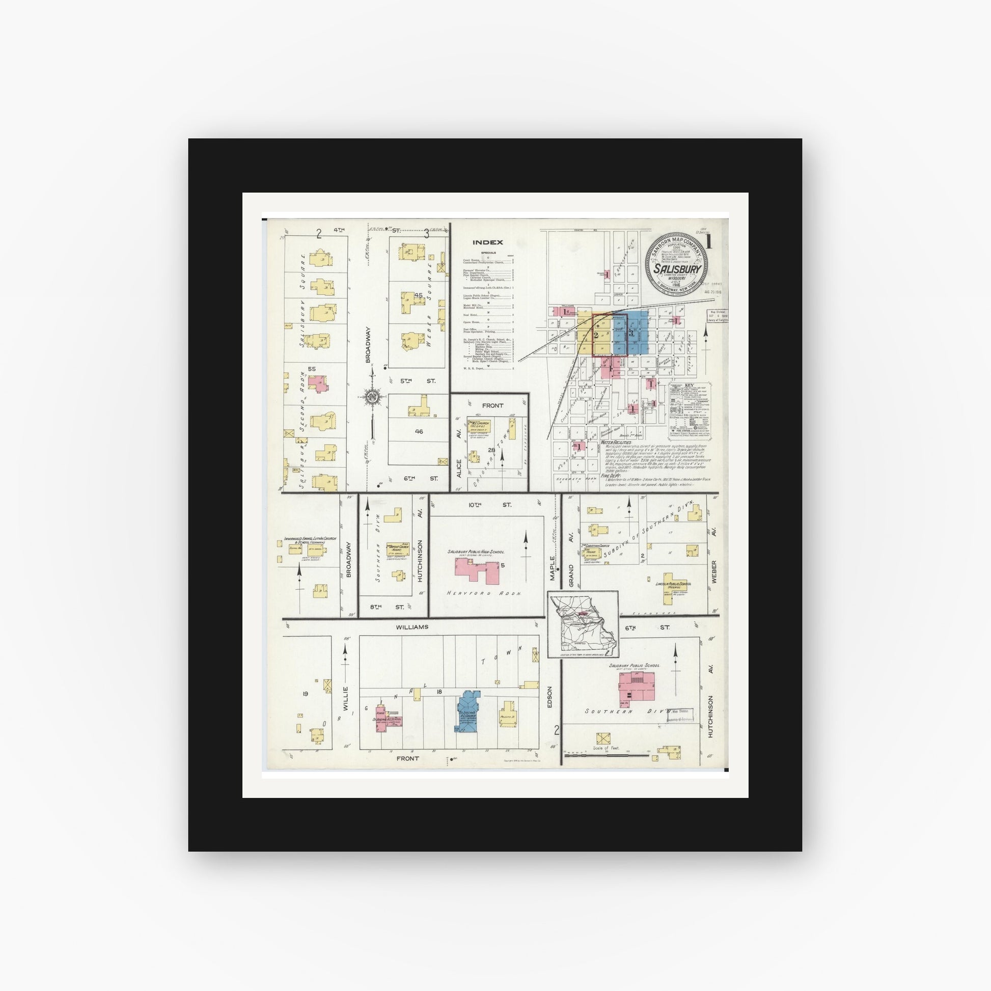 Old map wall art mockup — black gallery frame with white mat — Sanborn Fire Insurance Map from Salisbury, Chariton County, Missouri (1916), Sheet #0001