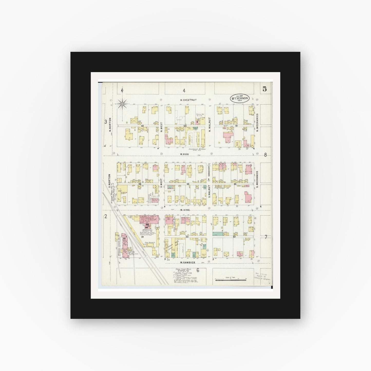 Old map wall art mockup — black gallery frame with white mat — Sanborn Fire Insurance Map from Mount Vernon, Knox County, Ohio (1897), Sheet #0005