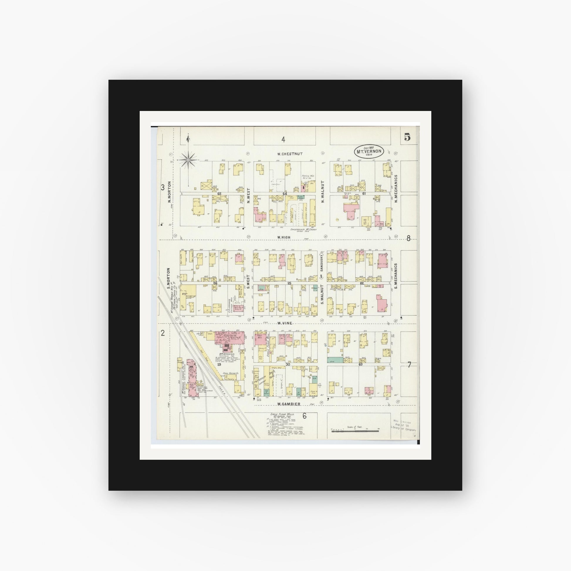 Old map wall art mockup — black gallery frame with white mat — Sanborn Fire Insurance Map from Mount Vernon, Knox County, Ohio (1897), Sheet #0005