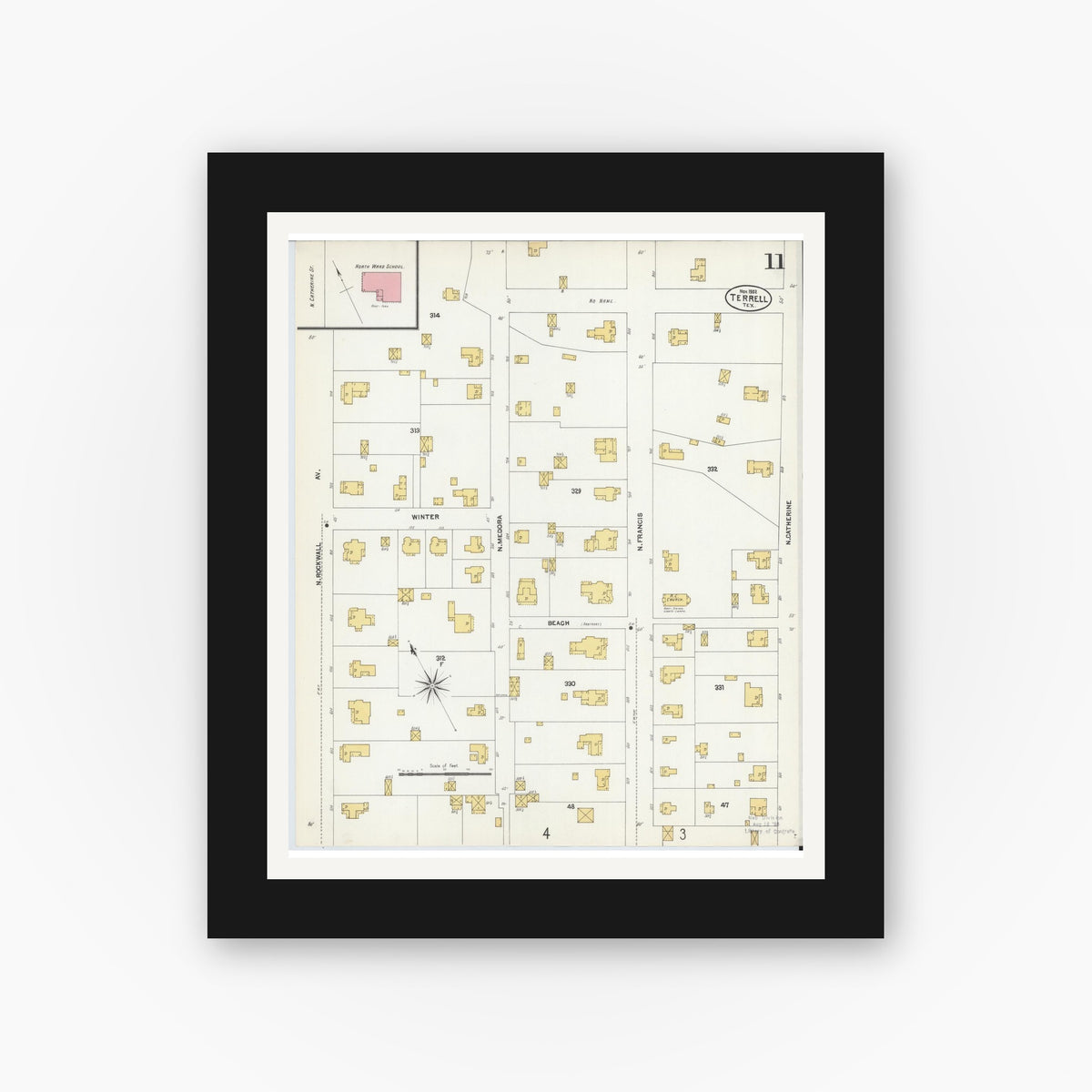 Old map wall art mockup — black gallery frame with white mat — Sanborn Fire Insurance Map from Terrell, Kaufman County, Texas (1902), Sheet #0011